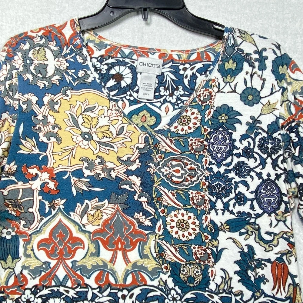 Chico's Paisley Floral Patchwork Top Womens 1 (M/8) Multicolor 3/4 Sleeve V Neck - Picture 2 of 12